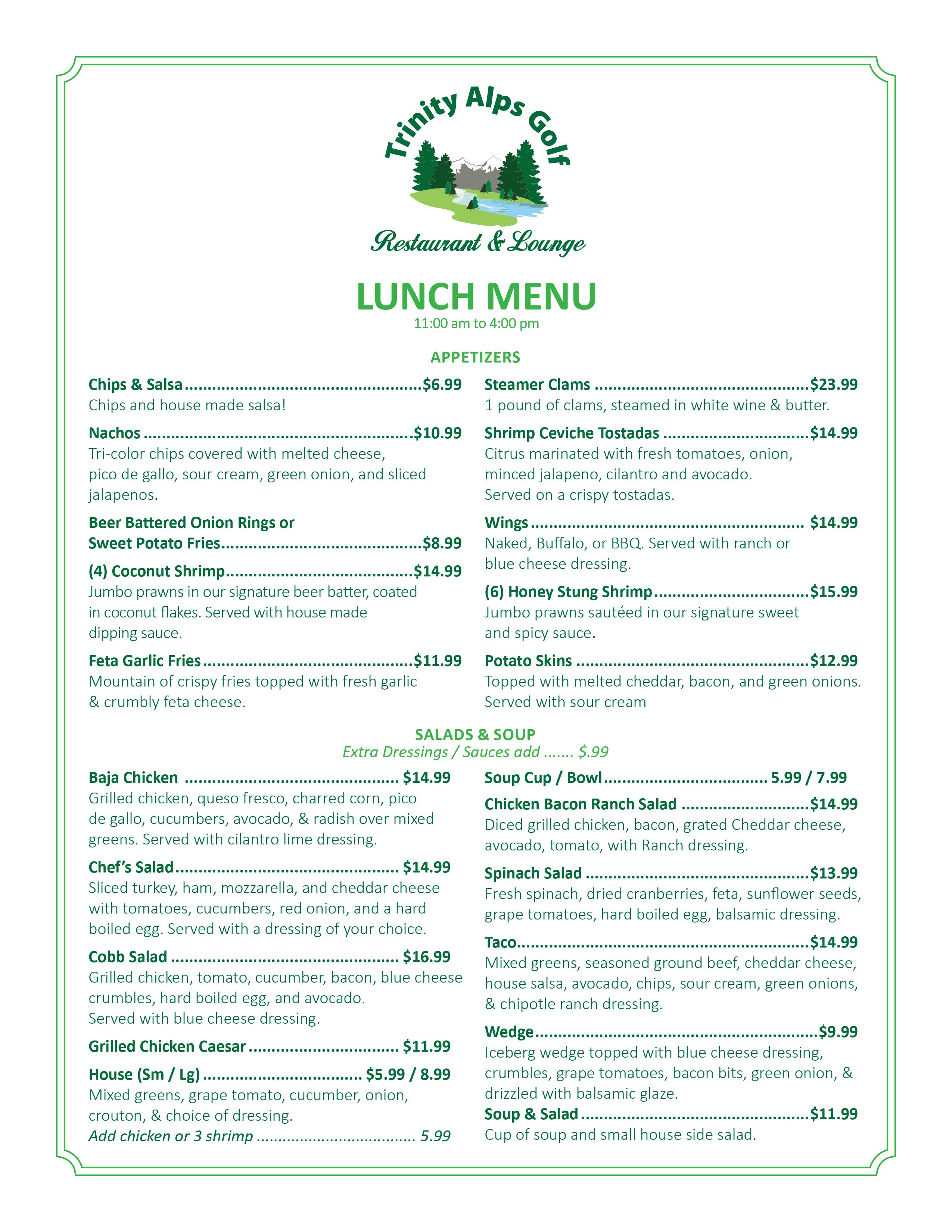 Golf Lunch Menu Public Golf Course in Weaverville Trinity Alps Golf